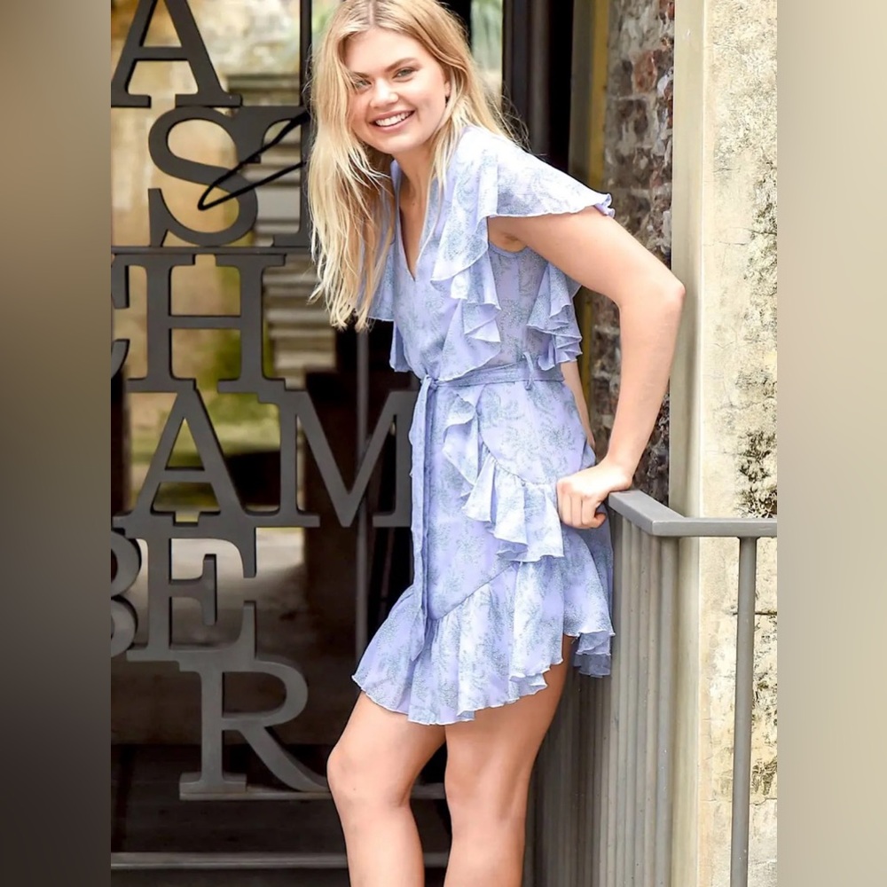 The cherry shop Flutter Sleeve Lavender Mini Dress with Self-Tie Waist